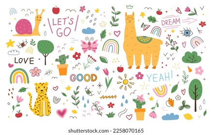 Cute scribble plants, funny animals, heart and rainbow. Tropical leaves and flowers. Handwritten love phrases, decoration hand drawn llama, leopard and snail. Vector trendy doodle utter set