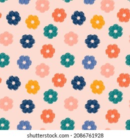 Cute scribbled flowers seamless repeat pattern. Random placed, dashed lines ditsy daisy all over surface print.