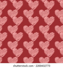 Cute scribbled hearts seamless repeat pattern. Vector, love signs all over surface print on red background.