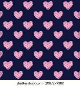 Cute scribbled pink hearts seamless repeat pattern background. Romantic vector love sign all over surface print.