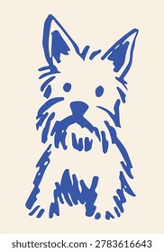 Cute scruffy terrier drawing, blue line art canine portrait, minimalist pet sketch, expressive puppy face illustration.