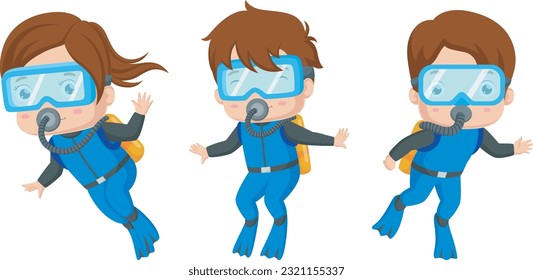 Cute scuba diver girl and boy