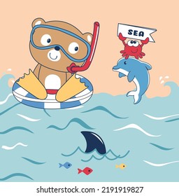 cute scuba diving bear, cute floating bear, cute bear with dolphin, cute bear with little crab