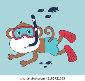 cute scuba diving monkey, cute underwater monkey, cute monkey with fish