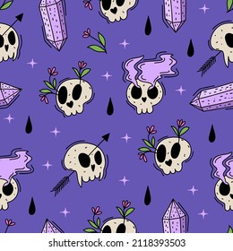 Cute Scull Seamless Pattern with flowers, amethyst stone crystal, fume, arrows, skulls. Cartoon vector illustration for fabric, textile, paper design in sweet gothic style. Dark purple background.