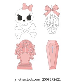 Cute scull Skeleton hand Graveyard Coffin vector clip-art set isolated on white. Coquette Halloween illustration.