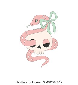 Cute scull with snake inside vector clip-art isolated on white. Coquette Halloween illustration.