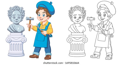 Cute sculptor making statue of roman emperor. Coloring page and colorful clipart character. Cartoon design for t shirt print, icon, logo, label, patch or sticker. Vector illustration.