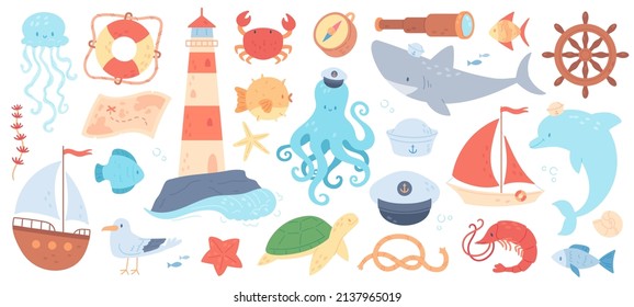 Cute sea adventures elements, marine animals sailors, octopus, shark. Nautical doodles, lighthouse, sailing boat, aquatic life stickers vector set
