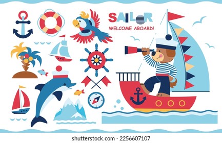 Cute sea adventures elements, marine animals, dog sailor, dolphin, parrot, island, iceberg, sailing boat, ship. Vector cartoon set of nautical equipment, helm, spyglass, compass, anchor, life ring.