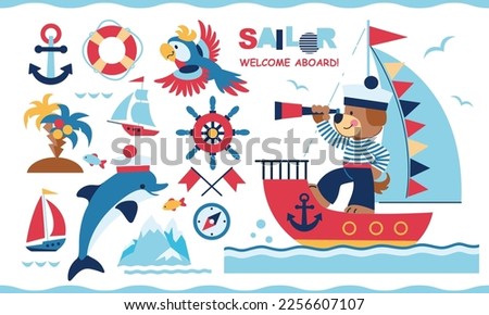 Cute sea adventures elements, marine animals, dog sailor, dolphin, parrot, island, iceberg, sailing boat, ship. Vector cartoon set of nautical equipment, helm, spyglass, compass, anchor, life ring.