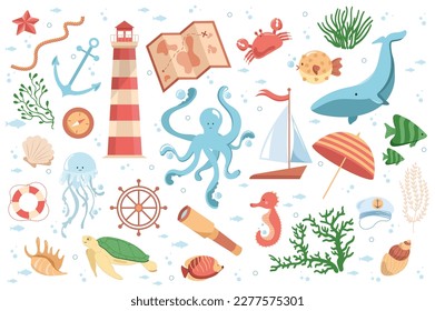 Cute sea adventures elements set concept in the flat cartoon design. Set with the image of sea animals, plants and attributes of sailors. Vector illustration.