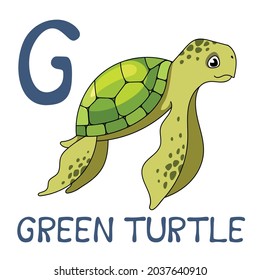 Cute Sea Animal Alphabet Series. G is for green turtle. Vector cartoon character design illustration.