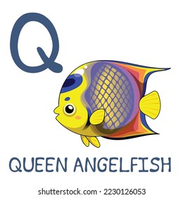 Cute Sea Animal Alphabet Series. Q is for Queen angelfish. Vector cartoon character design illustration.