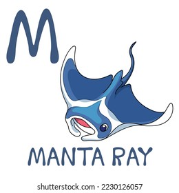 Cute Sea Animal Alphabet Series. M is for Manta ray. Vector cartoon character design illustration.