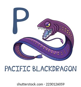 Cute Sea Animal Alphabet Series. P is for Pacific Blackdragon. Vector cartoon character design illustration.