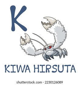 Cute Sea Animal Alphabet Series. K is for Kiwa hirsuta. Vector cartoon character design illustration.