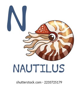 Cute Sea Animal Alphabet Series. N is for Nautilus. Vector cartoon character design illustration. svg