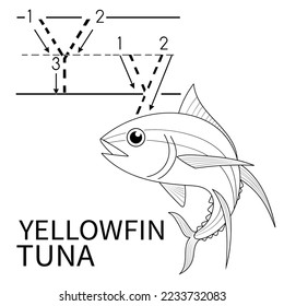 Cute Sea Animal Alphabet Series. Y is for Yellowfin tuna. Vector cartoon character design illustration. coloring and handwriting worksheet.