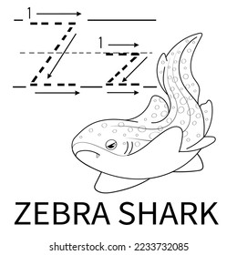 Cute Sea Animal Alphabet Series. Z is for Zebrashark. Vector cartoon character design illustration. coloring and handwriting worksheet.