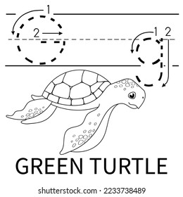 Cute Sea Animal Alphabet Series. G is for green turtle. Vector cartoon character design illustration. coloring and handwriting worksheet.