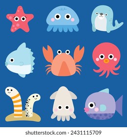 Cute Sea Animal in Children Style Cartoon fish Vector illustration Sea set