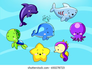 Cute sea animal collection in under the sea background