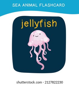 Cute sea animal flashcard for preschool children. English name with cartoon animals set. Card games for kids. Vector illustration.