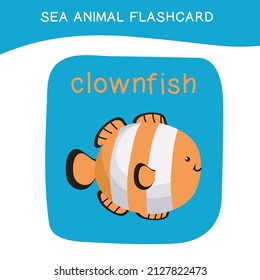 Cute sea animal flashcard for preschool children. English name with cartoon animals set. Card games for kids. Vector illustration.