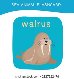 Cute sea animal flashcard for preschool children. English name with cartoon animals set. Card games for kids. Vector illustration.