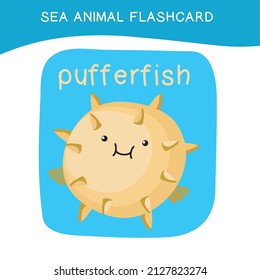 Cute sea animal flashcard for preschool children. English name with cartoon animals set. Card games for kids. Vector illustration.