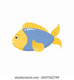 Ilustração de animal bonito do mar. Desenhos animados de polvo, caranguejo e peixes em cena subaquática colorida. Vida marinha vetorial com coral, algas, estrelas-do-mar e conchas marinhas para a feliz coleção aquática de crianças.

