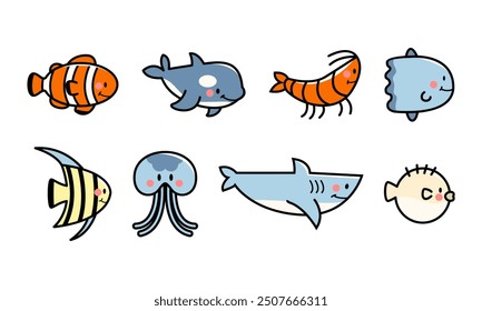 Cute Sea Animal Illustration Element Set
