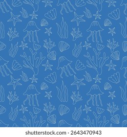 cute sea animal on a blue background. Seamless pattern line art, seaweed, starfish, shell, and jellyfish for clothing, fabric, wallpaper, backdrop, home decoration, cover book, and wall art. 