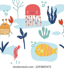 Cute sea animal and ornament seamless pattern