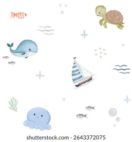 Cute sea animal pattern seamless whale turtle and jellyfish