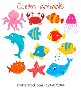 Cute sea animal set, vector flat illustrations