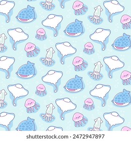 Cute sea animal shark ,stingray , squid, jellyfish seamless pattern