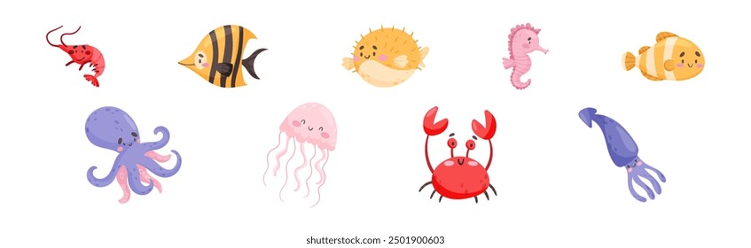 Cute Sea Animal with Smiling Face Vector Set