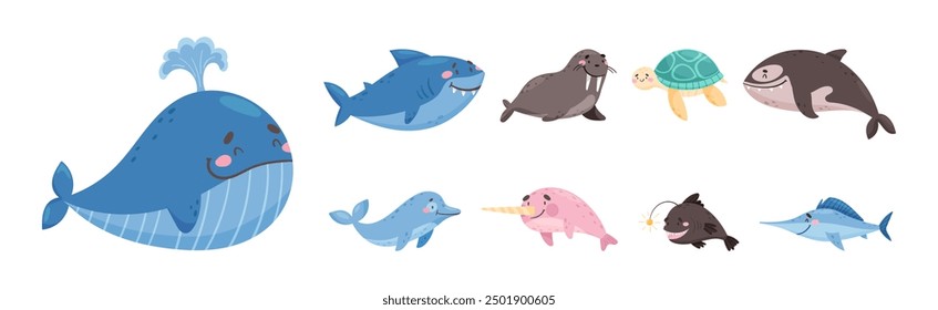 Cute Sea Animal with Smiling Face Vector Set