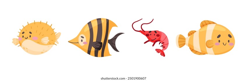 Cute Sea Animal with Smiling Face Vector Set