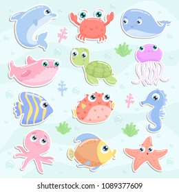 Cute sea animal stickers. Flat design.