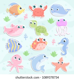 Cute sea animal stickers. Flat design.
