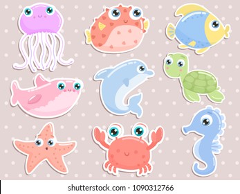 Cute sea animal stickers. Flat design.