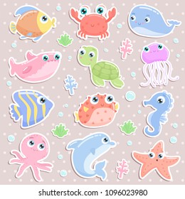 Cute sea animal stickers. Flat design.