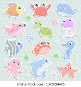 Cute sea animal stickers. Flat design.