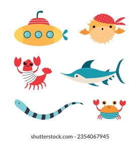 Conjunto de iluminación de vectores de criaturas submarinas y animales de mar