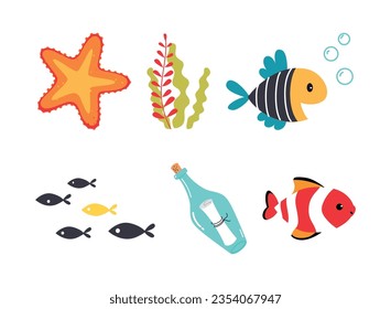 Cute Sea Animal and Underwater Creature Vector Illustration Set