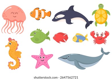Cute sea animal vector. Cartoon fish, crab, octopus and jellyfish in colorful underwater design. Happy marine life illustration with starfish, seashell and coral for children’s collection.

