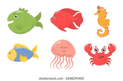 Cute sea animal vector. Cartoon fish, crab, octopus and jellyfish in colorful underwater design. Happy marine life illustration with starfish, seashell and coral for children’s collection.

